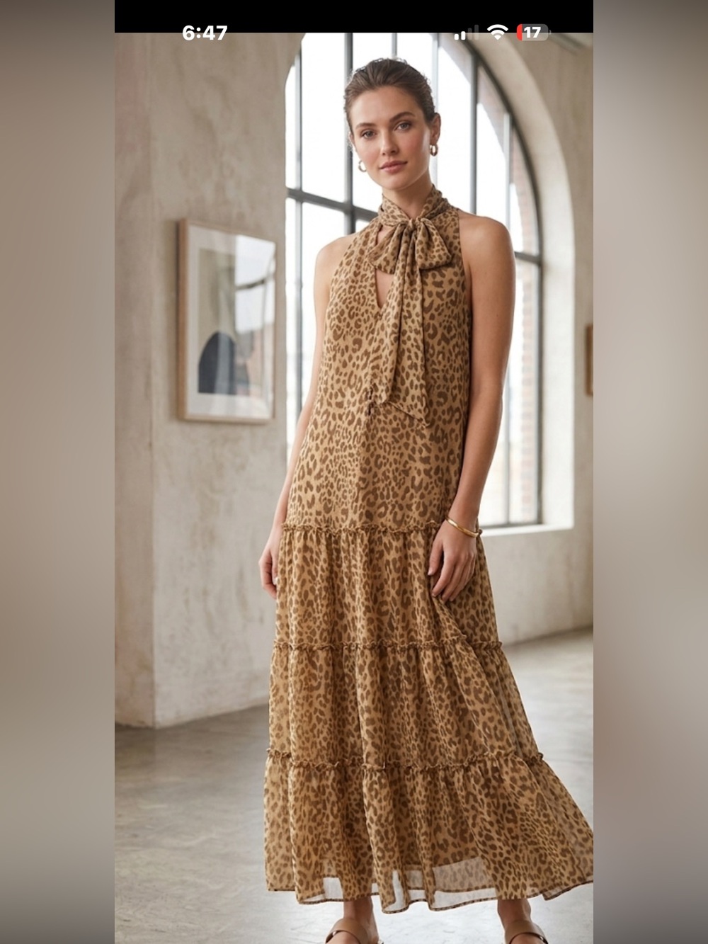 MSK Tan Leopard Print Tie-Neck Maxi Dress with full slip NWT 22” PTP
